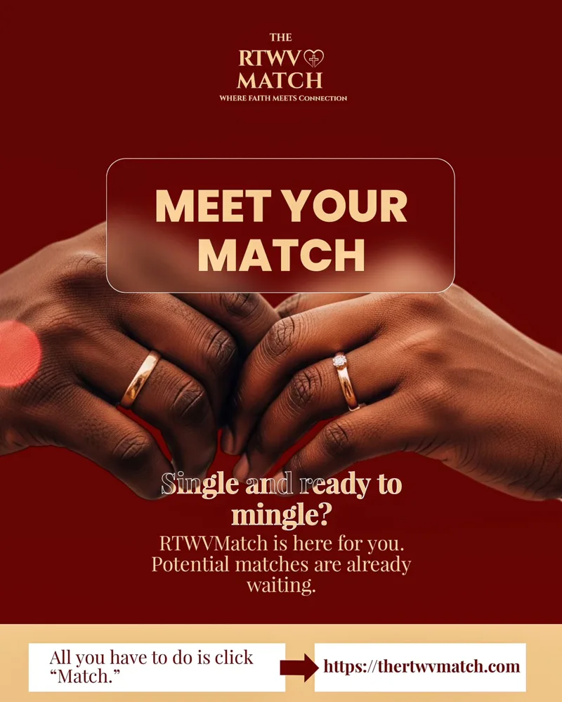 Flier for The RTWV Match: meet your match, a faith-based matchmaking platform for singles, at thertwvmatch.com