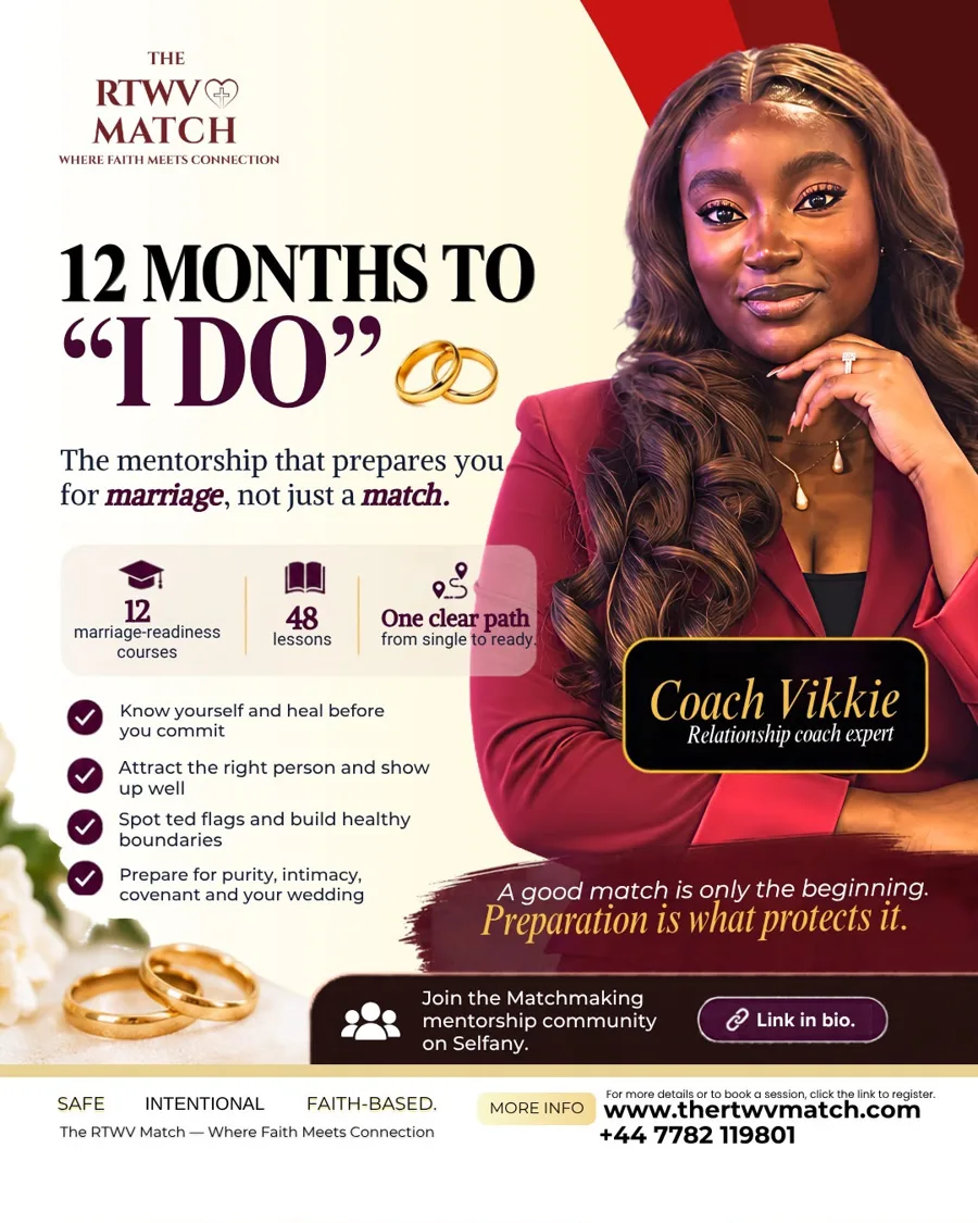 Flier for 12 Months to I Do, a faith-based marriage readiness mentorship from The RTWV Match: 12 courses and 48 lessons