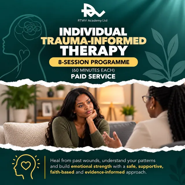 Flier for Individual trauma-informed therapy: 8 sessions · 60 min each, a paid service